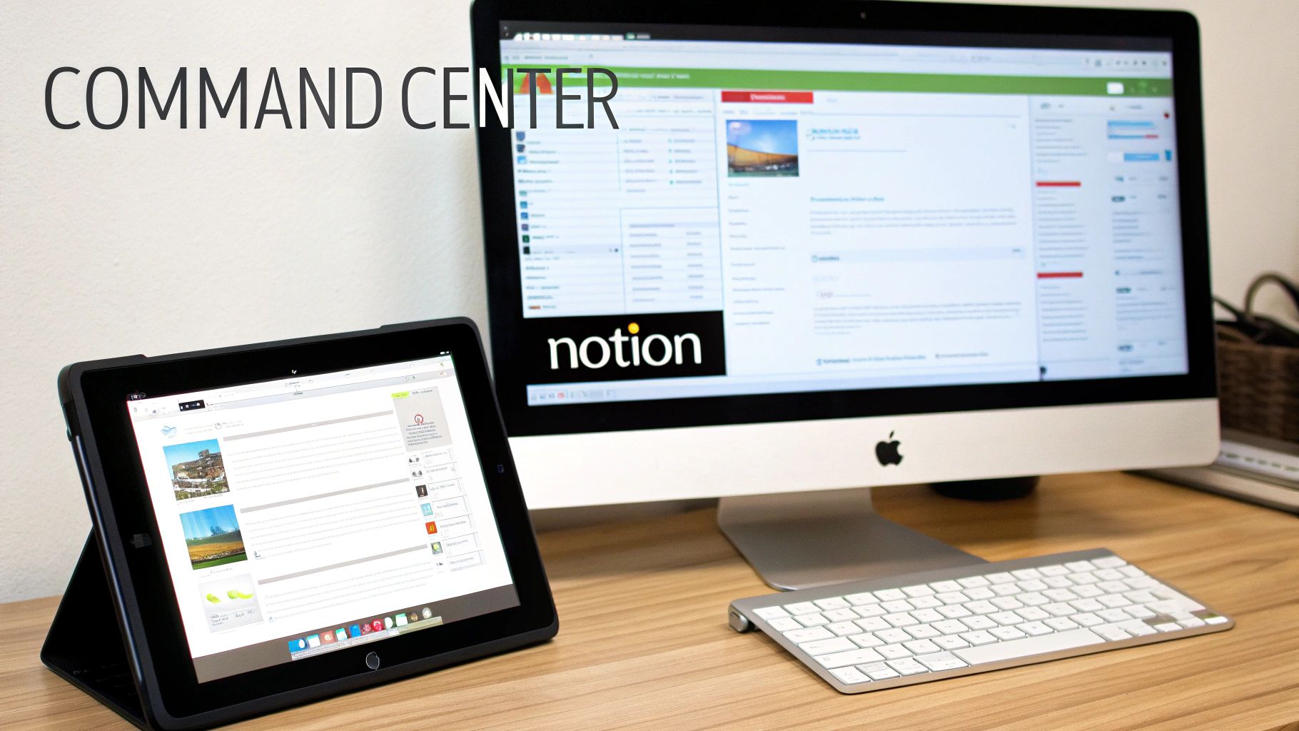 A modern digital workspace with an Apple iMac and a tablet displaying the Notion application.