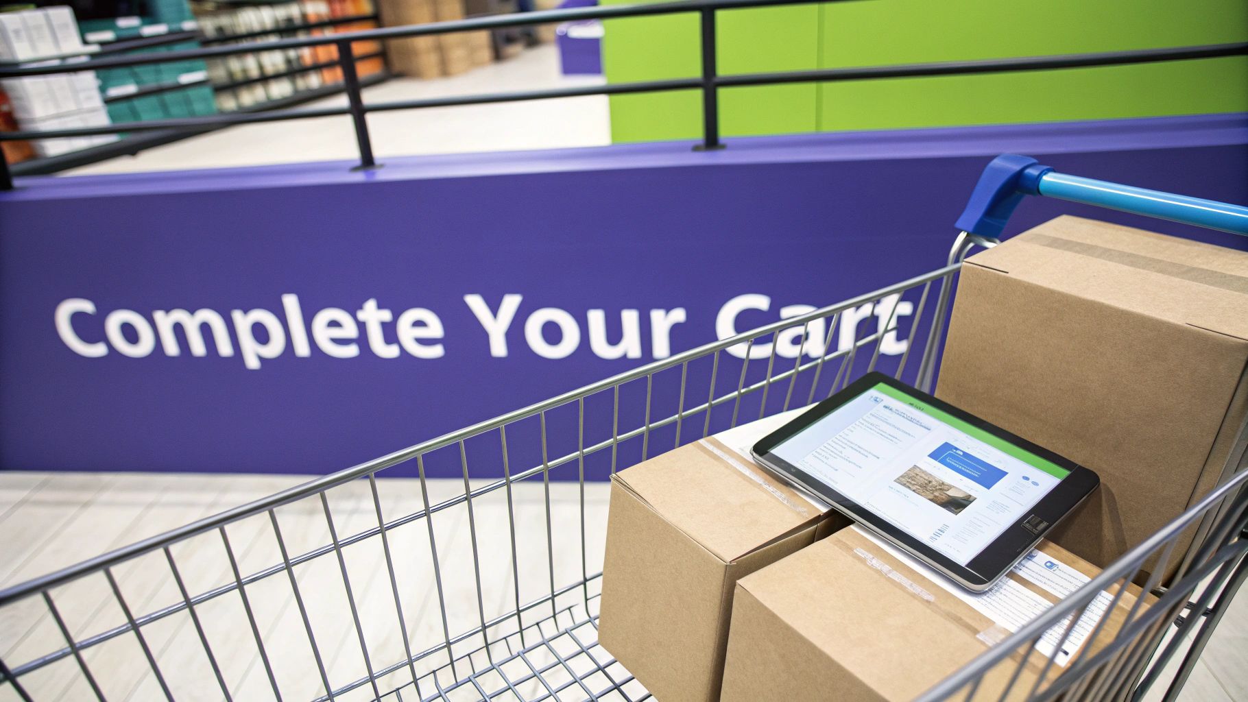 Shopping cart with boxes and a tablet displaying a webpage, with 'Complete Your Cart' sign.