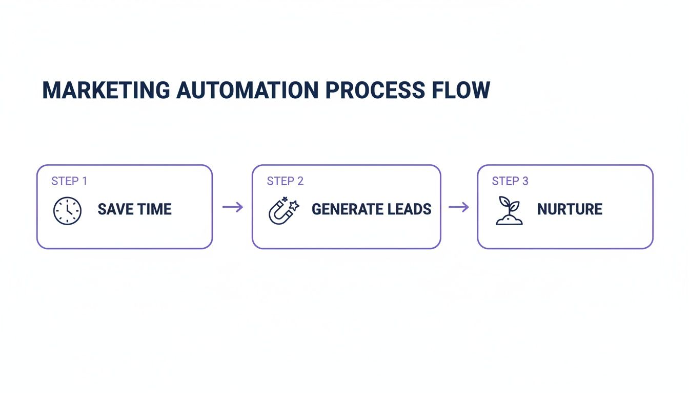 A marketing automation process flow diagram showing three steps: Save Time, Generate Leads, and Nurture.