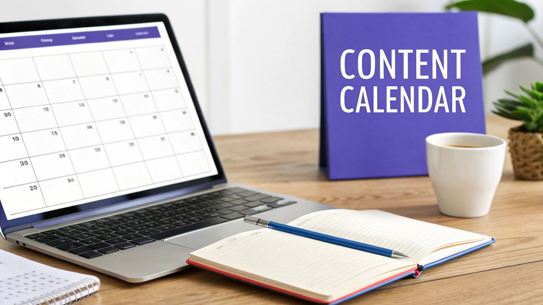 A laptop showing a calendar, a 'Content Calendar' binder, an open notebook, pen, and coffee on a desk.