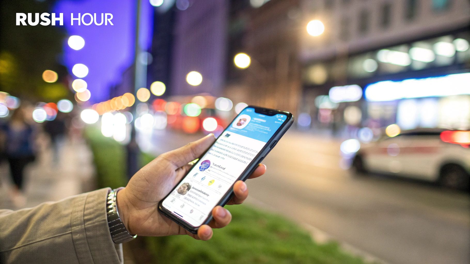 Infographic showing key data about Twitter Rush Hours: Monday-Friday 9 AM-10 AM and 7 PM-9 PM