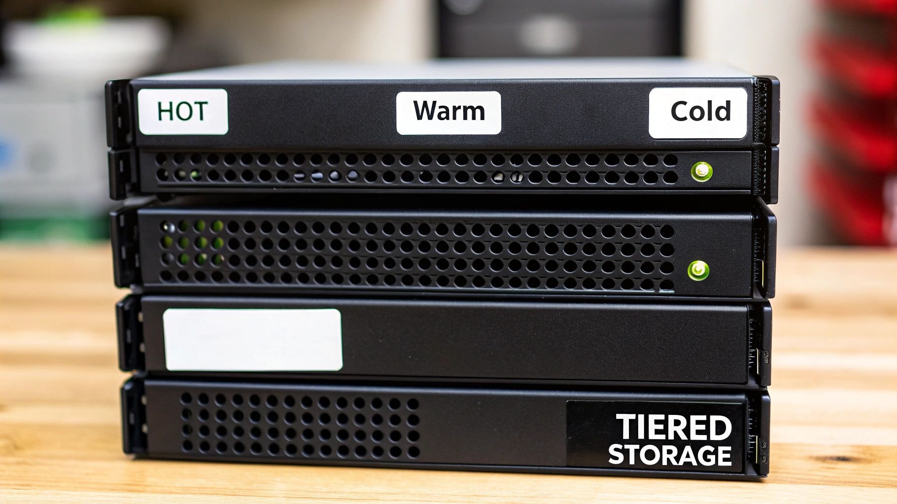 A stack of black server-like devices labeled Hot, Warm, Cold, and Tiered Storage.