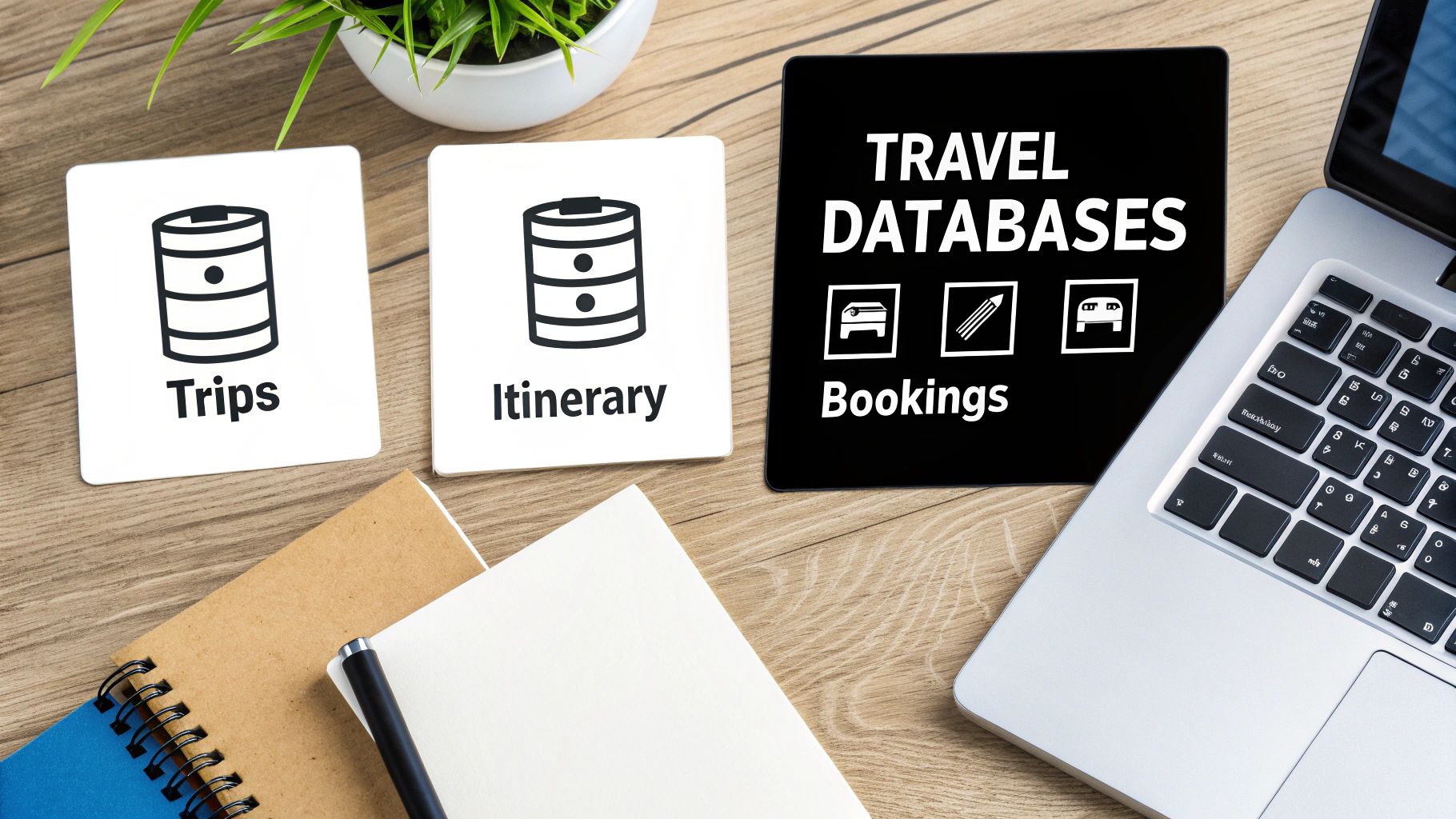 A desk with cards showing 'Trips' and 'Itinerary', and a tablet with 'Travel Databases' and 'Bookings'.