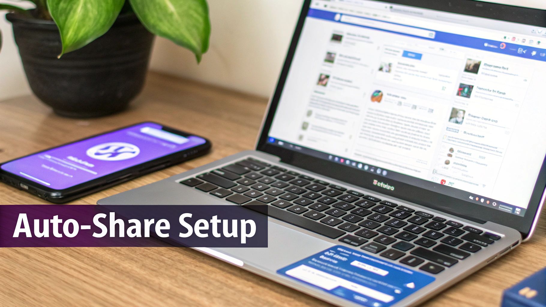 A laptop and smartphone on a wooden desk displaying social media content, with 'Auto-Share Setup' text.
