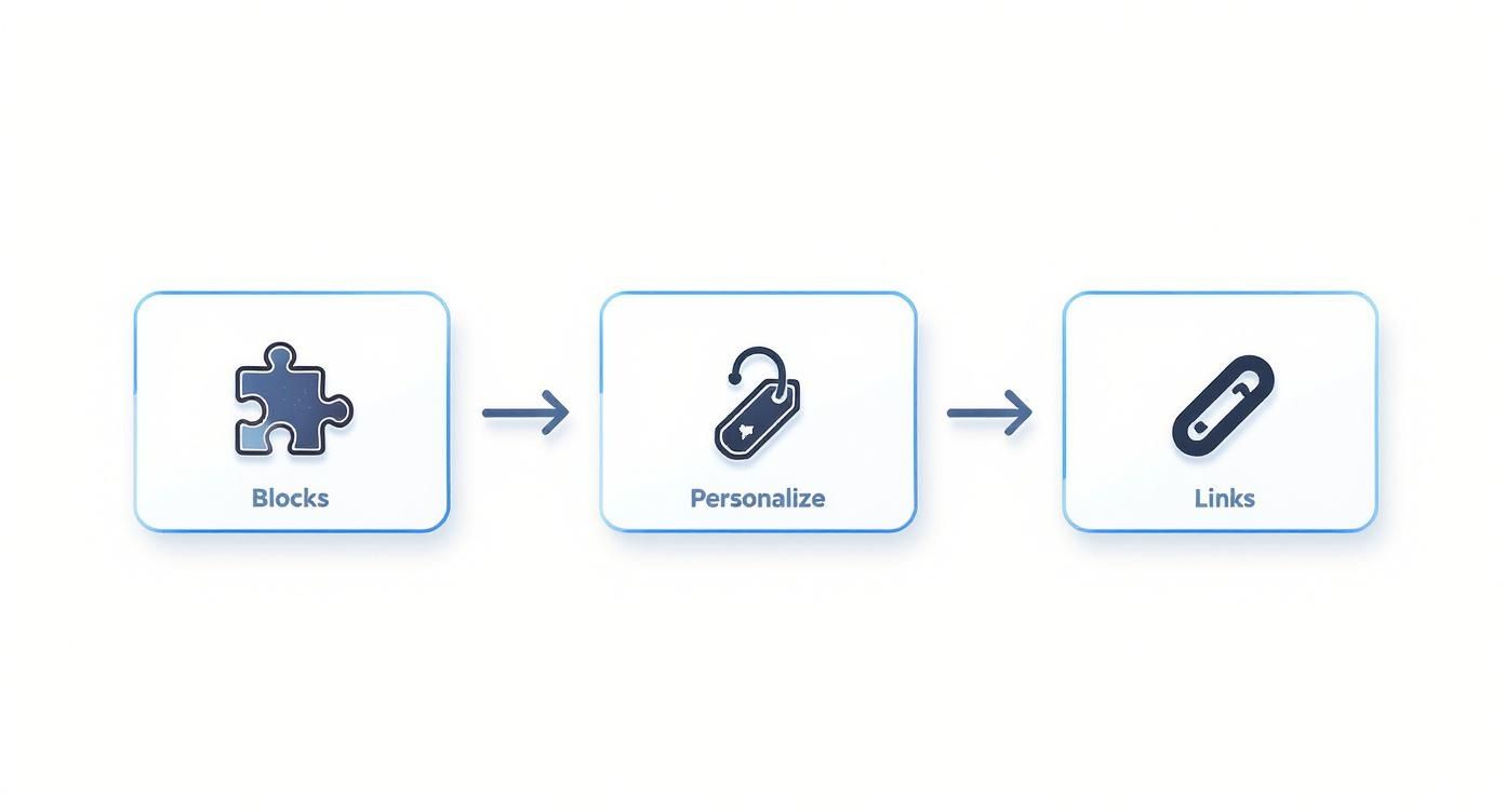Infographic showing the process flow of building an email template with icons for Blocks, Personalize, and Links.