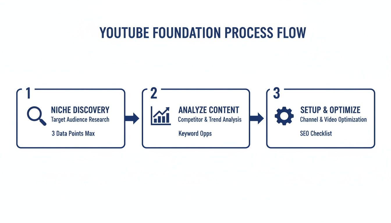 A three-step YouTube foundation process flow showing niche discovery, content analysis, and setup and optimization.