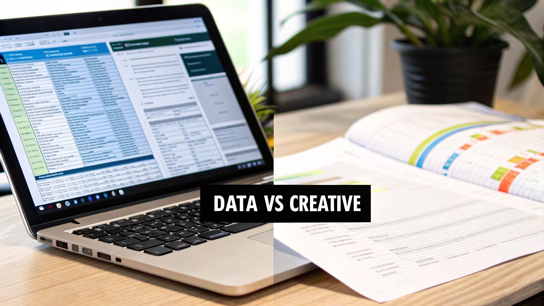 Laptop displaying spreadsheet data alongside printed documents with colorful charts and graphs on desk