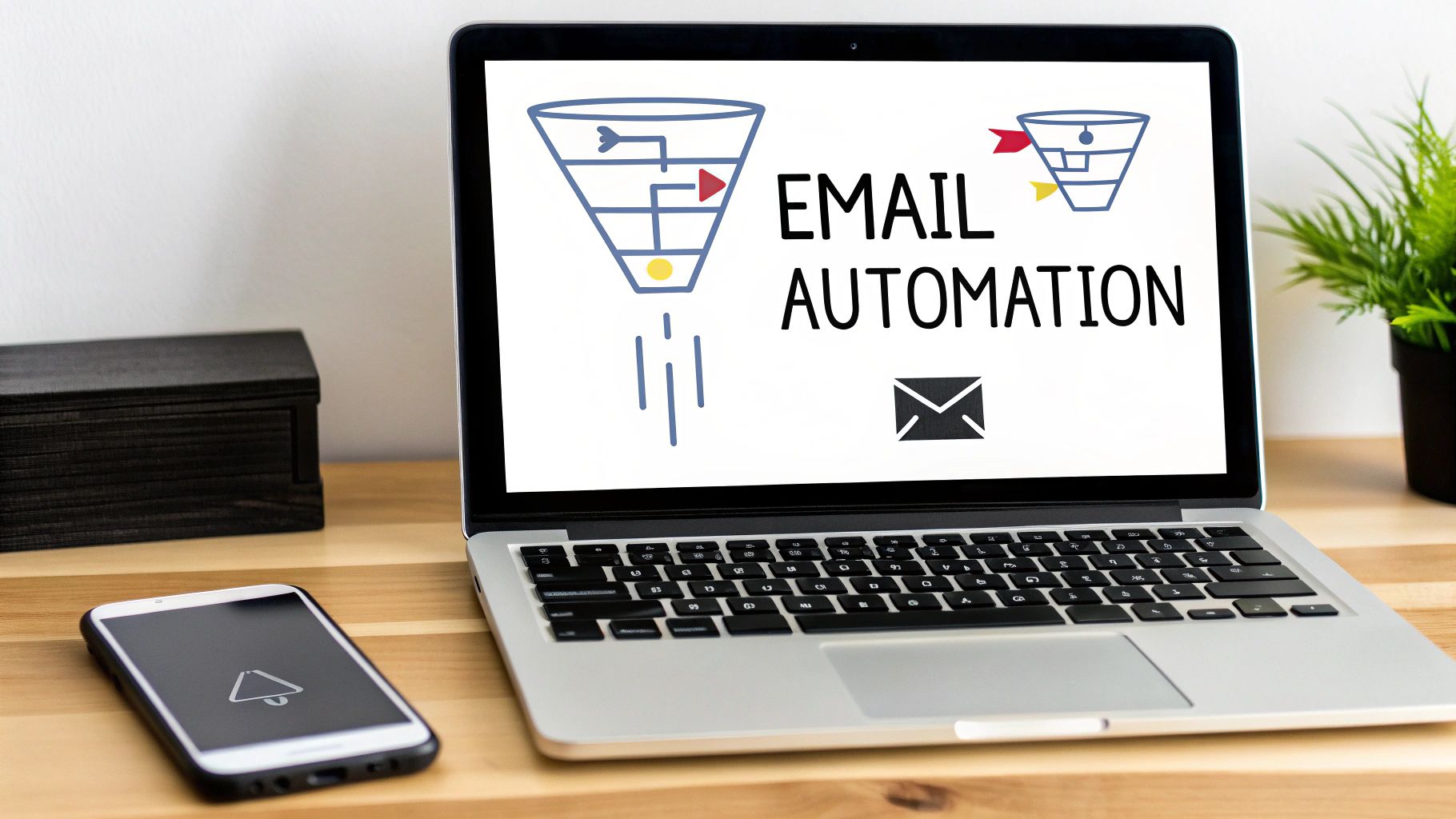A laptop on a desk displaying 'EMAIL AUTOMATION' graphics and text.