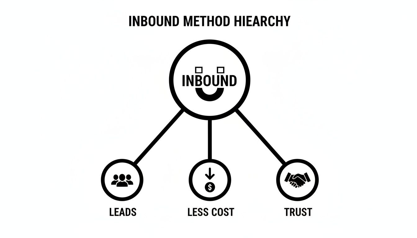 Inbound method hierarchy diagram showing leads, less cost, and trust derived from inbound.