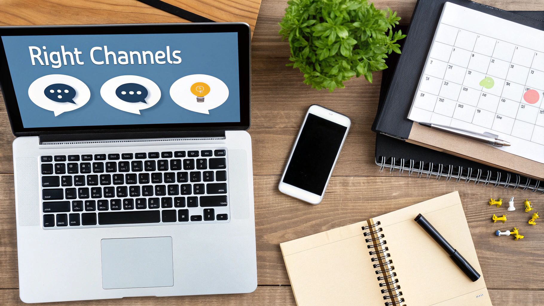 An image of a communication channel diagram with icons for email, phone, and meetings.