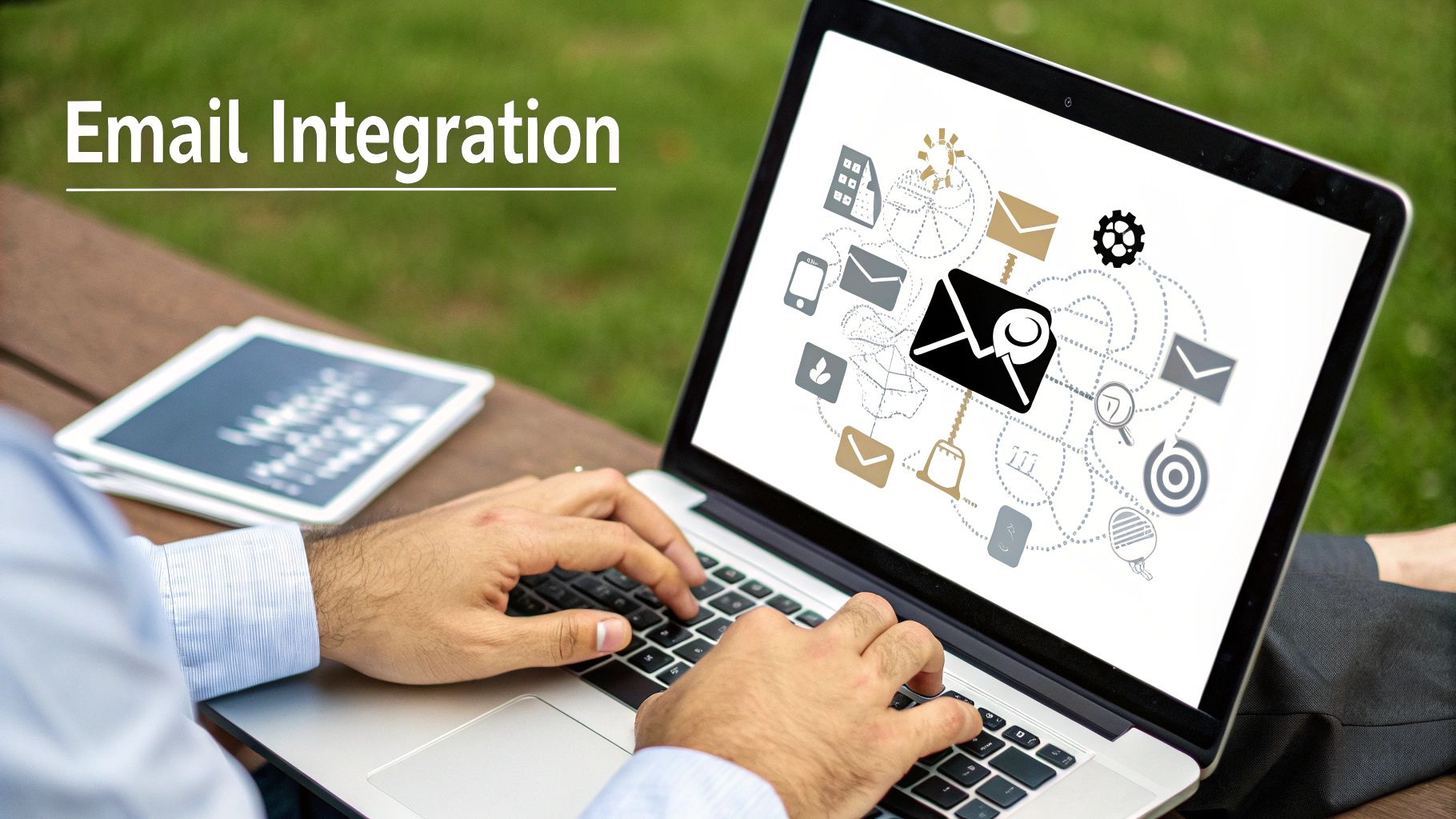 An illustration showing emails flowing into a central document hub
