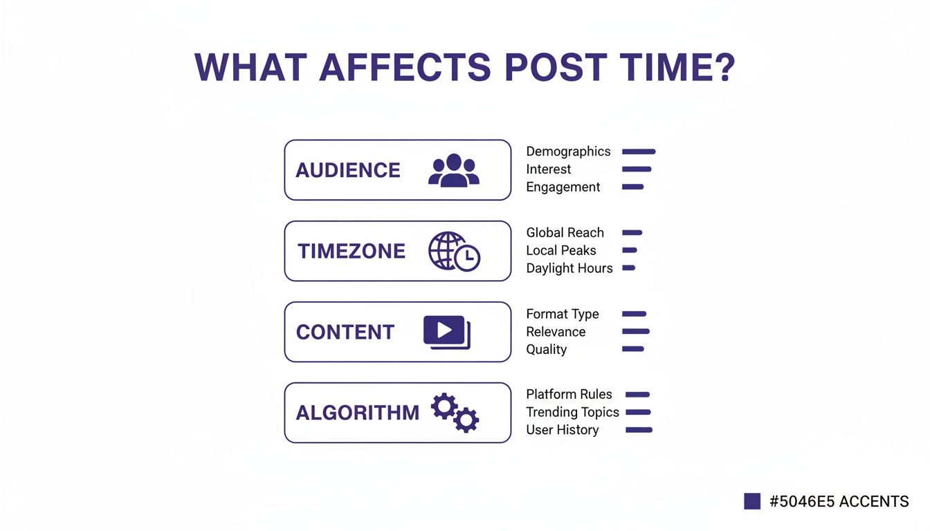 Infographic outlining key factors that affect optimal post time, including audience, timezone, content, and algorithm.