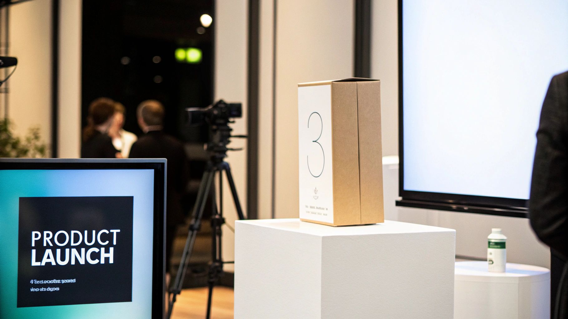 A monitor displays 'PRODUCT LAUNCH' at an event with a numbered product box and camera.