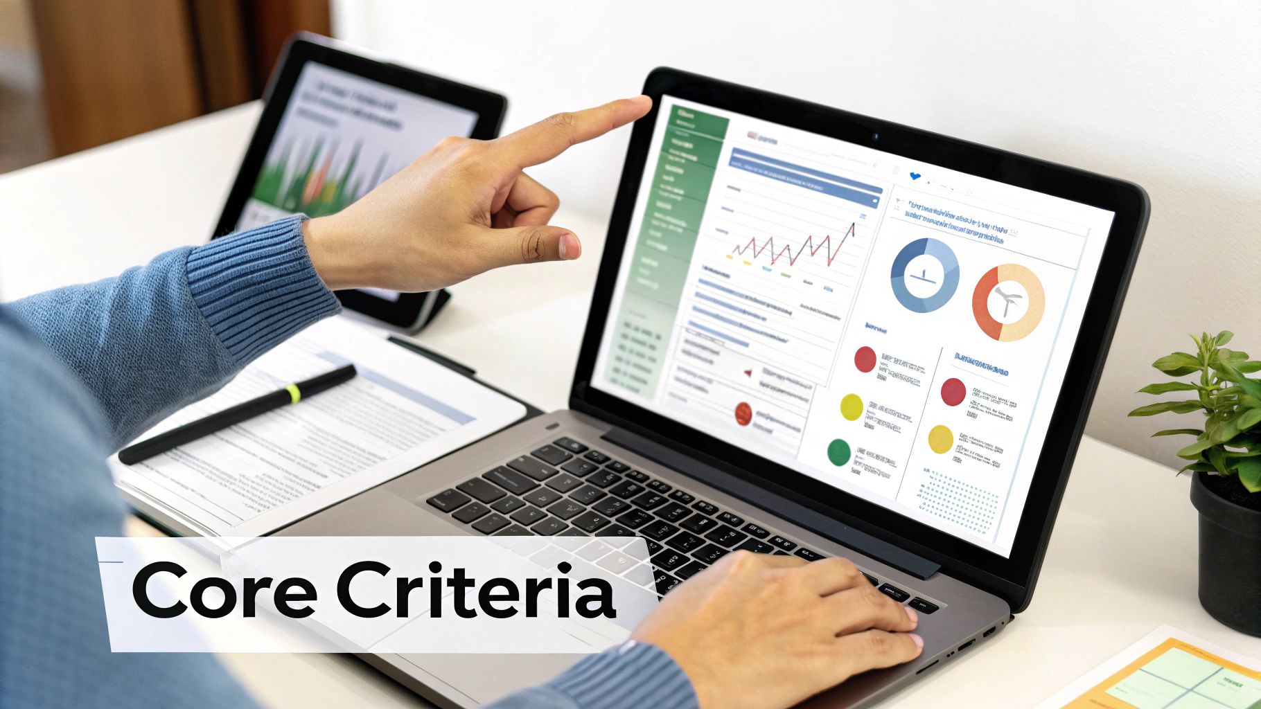 A professional analyzing marketing data on a laptop and tablet, displaying various charts and graphs.
