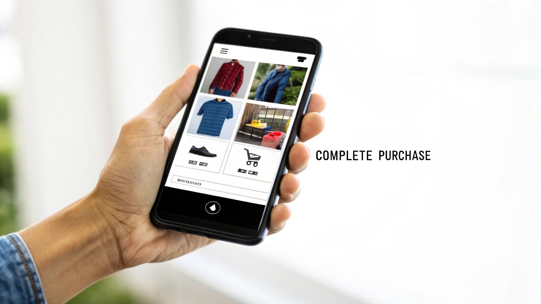A person holds a smartphone displaying an online shopping app with various products and a 'complete purchase' message.