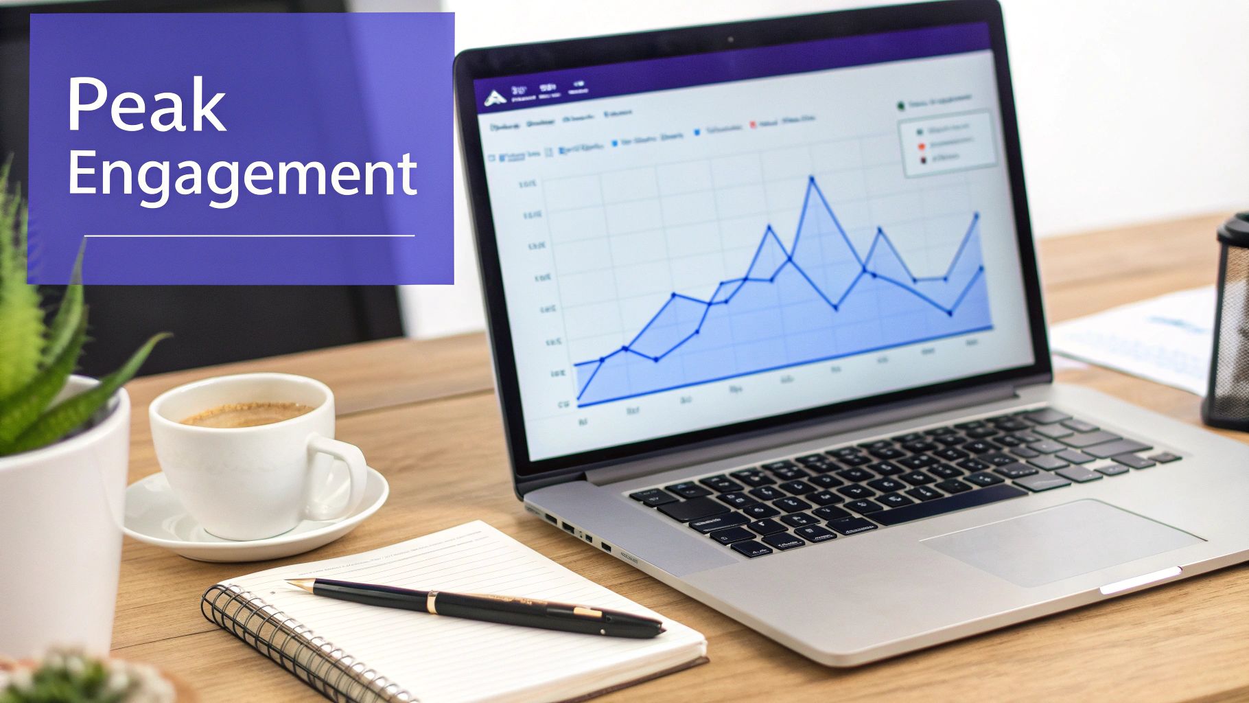 A laptop screen displays an engagement graph with upward trends next to a coffee cup, notebook, and pen on a desk, with text 'Peak Engagement'.