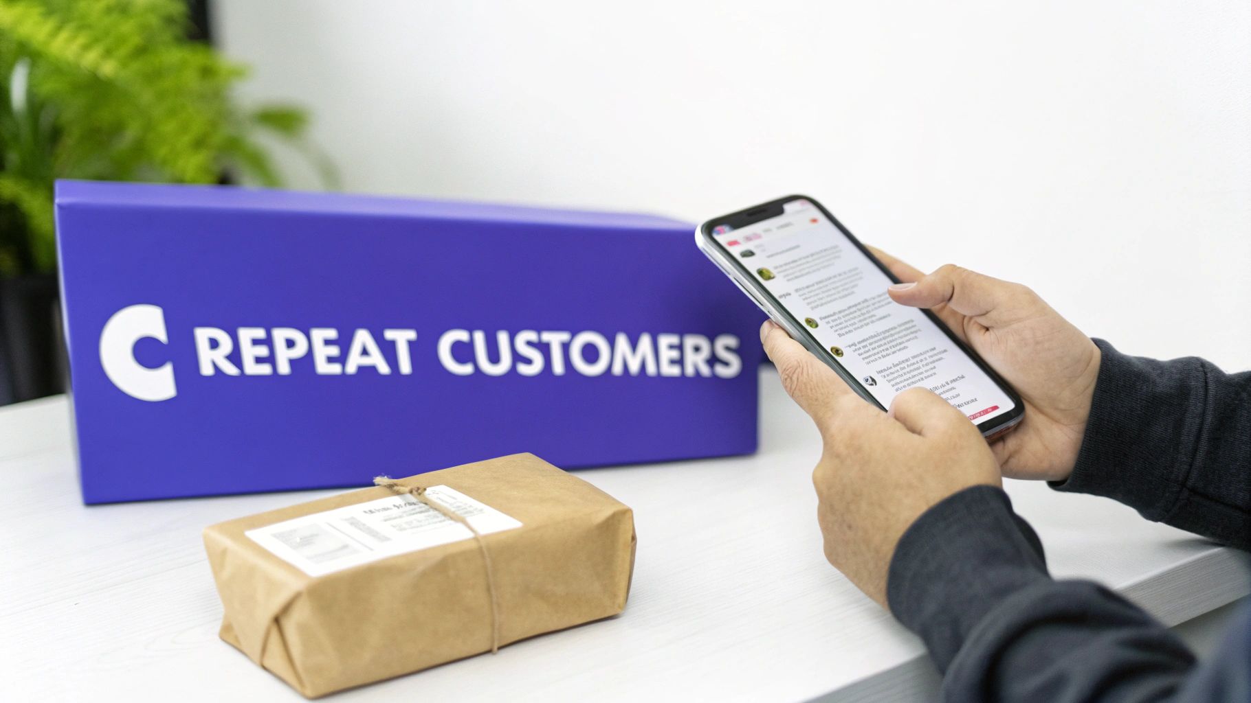 A person scrolling on a smartphone next to a purple box labeled "C REPEAT CUSTOMERS" and a small package.