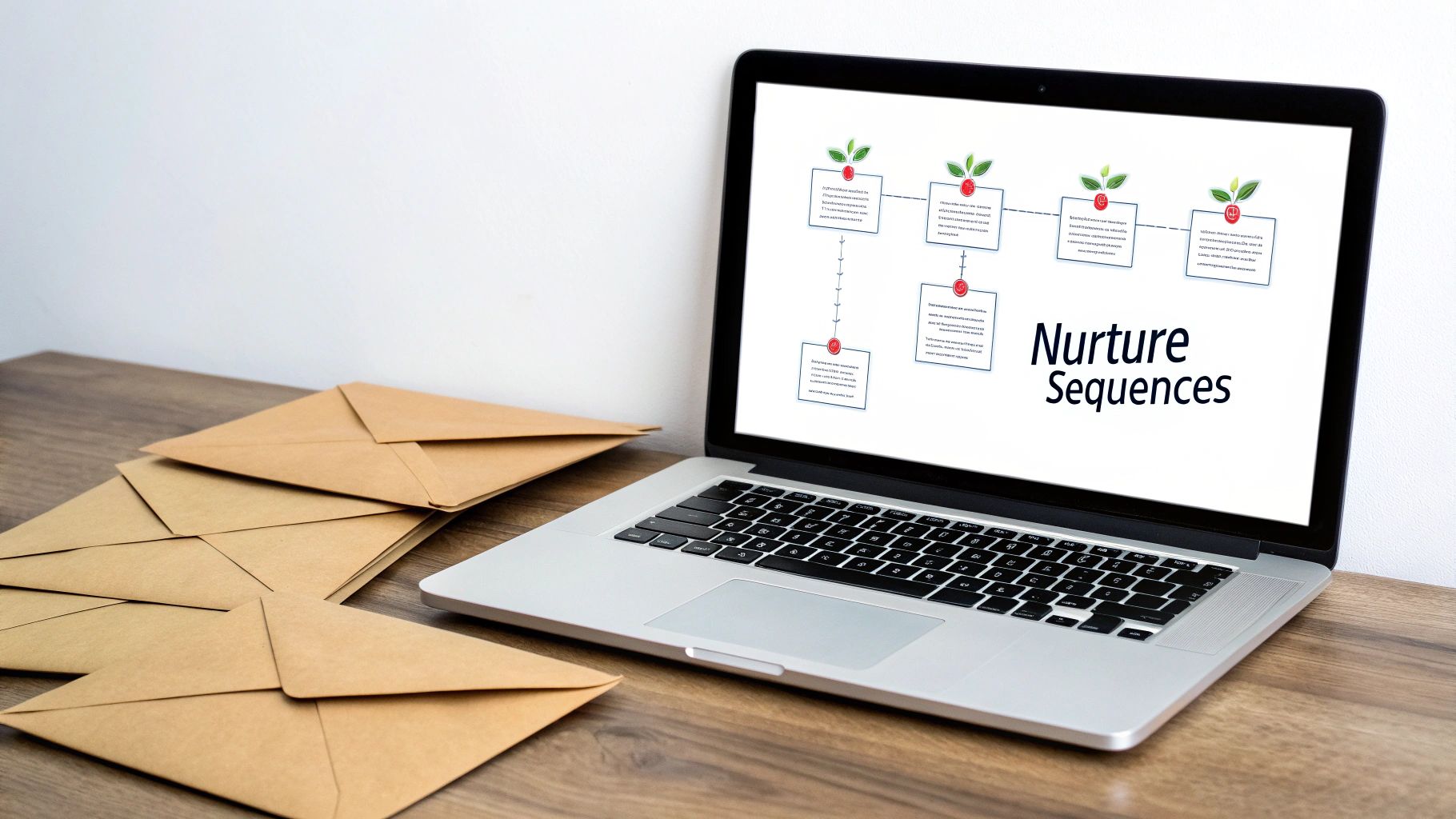 A laptop displays a 'Nurture Sequences' diagram with plant icons and text, alongside brown envelopes on a wooden table.