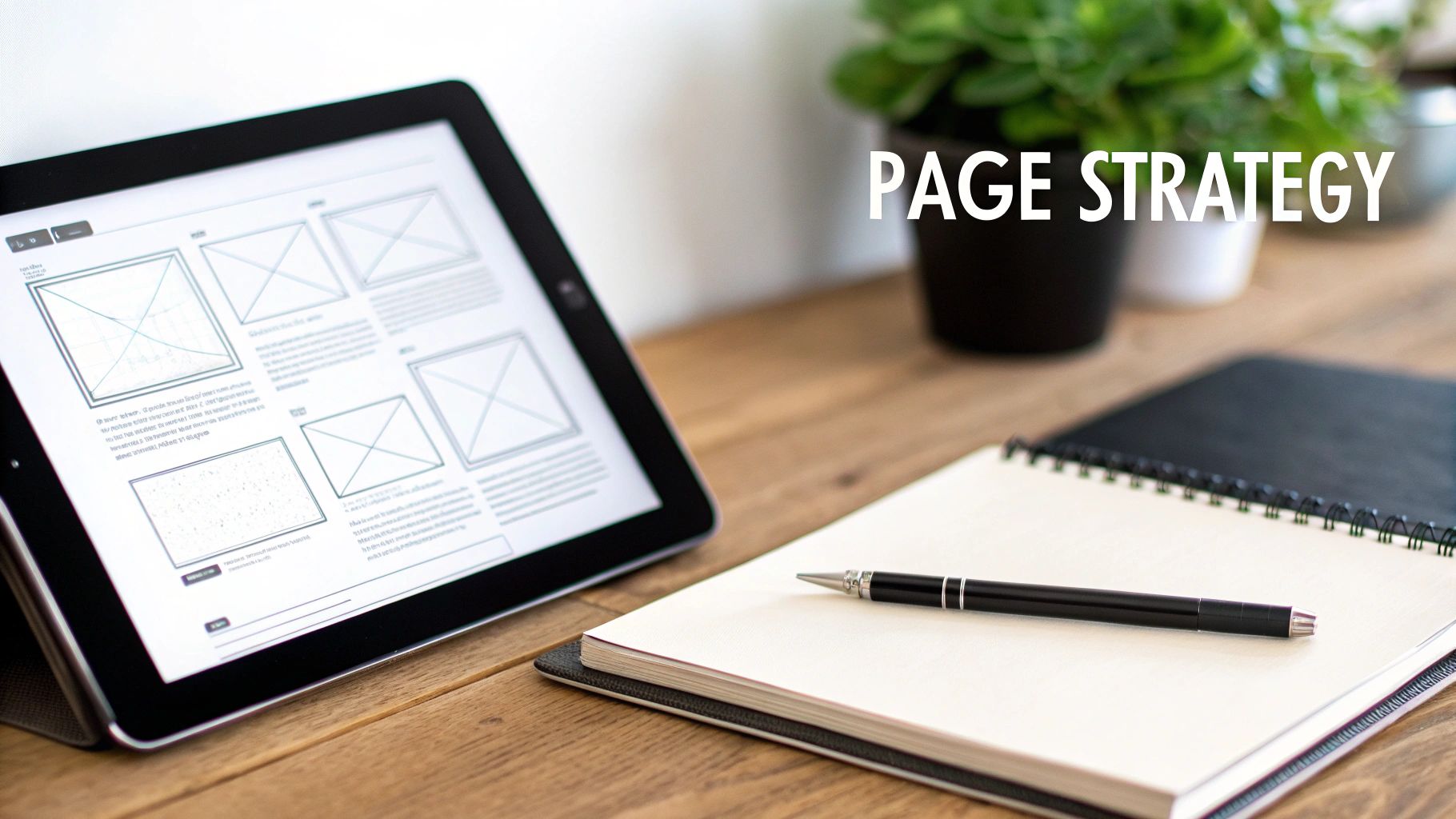 Tablet showing website wireframes, a notebook, and pen on a desk with 'PAGE STRATEGY' text.