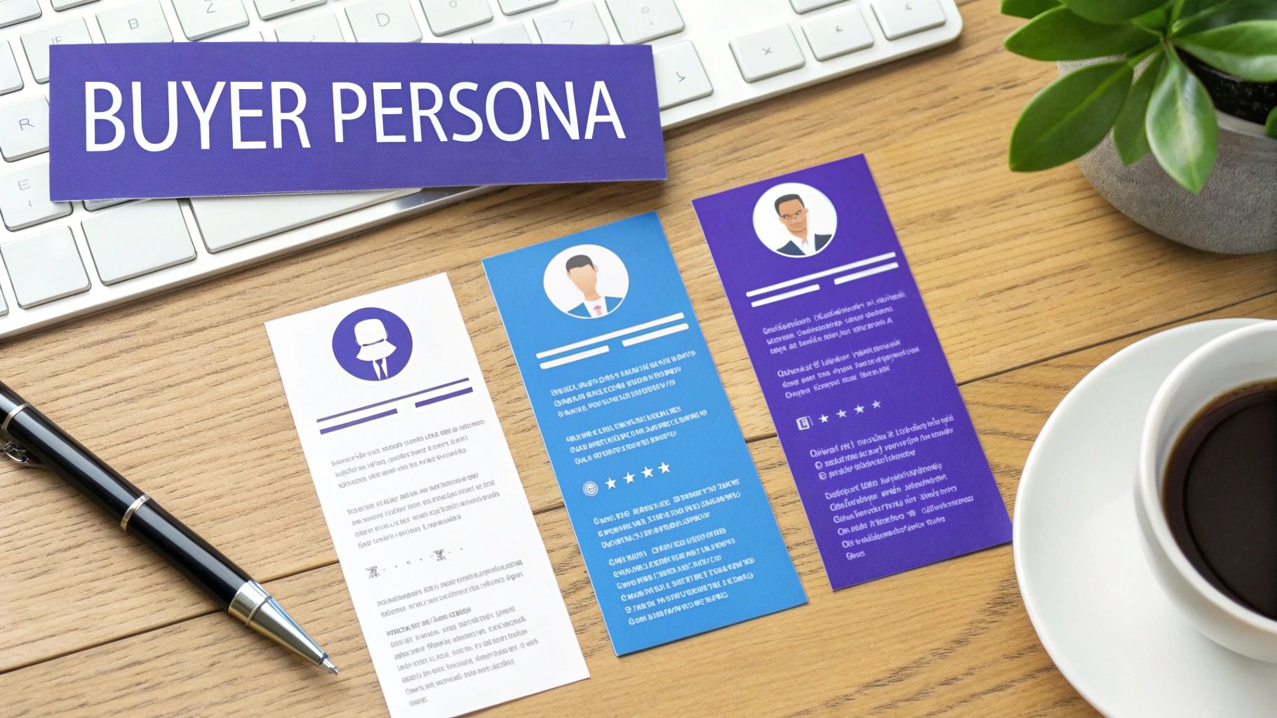 Buyer Persona banner and three persona profile cards on a wooden desk with a keyboard, pen, and coffee.