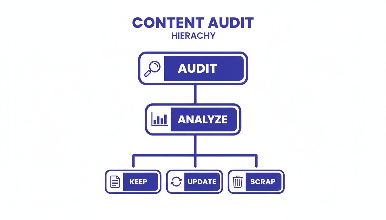 A flowchart illustrating the content audit hierarchy: Audit, Analyze, then Keep, Update, or Scrap.