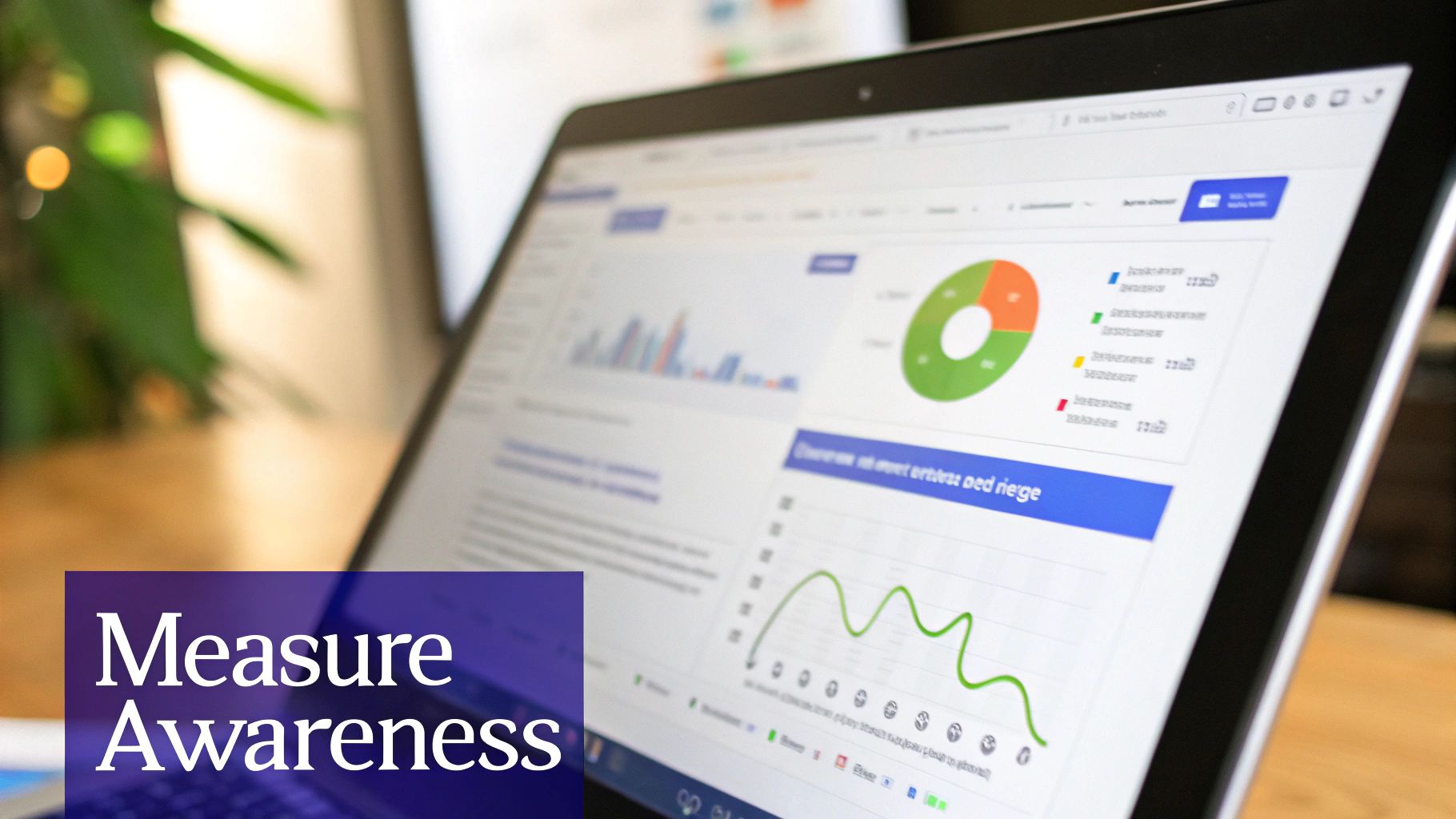 A laptop screen displaying data visualizations, including charts and graphs for analytics, with 'Measure Awareness' text overlay.