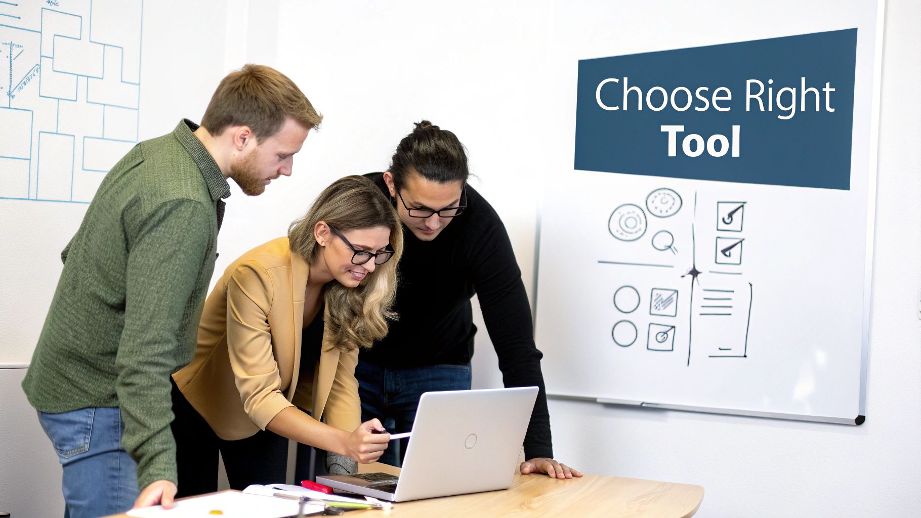 Three colleagues collaborate on a laptop during a meeting about choosing the right project management tool.