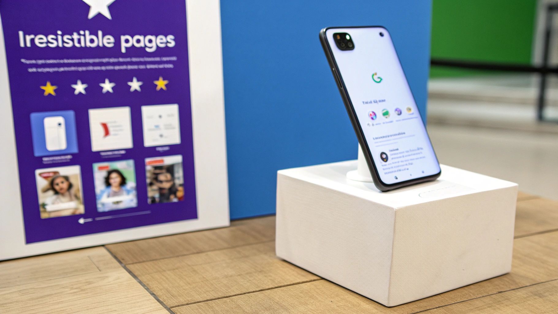 A smartphone displaying Google content on a white stand, next to a purple marketing board.