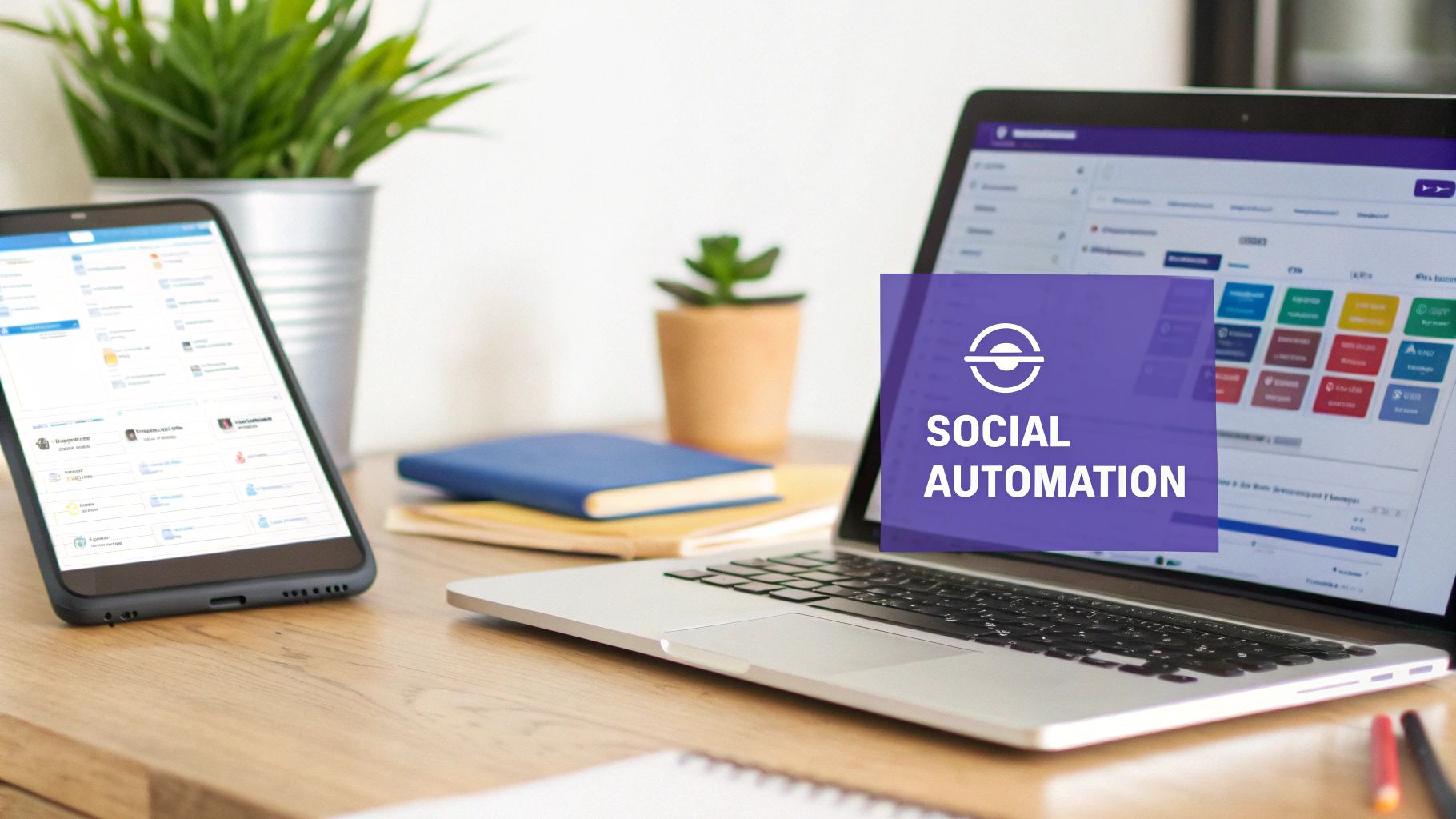 A close-up of a laptop screen displaying 'SOCIAL AUTOMATION' and a smartphone on a modern desk.