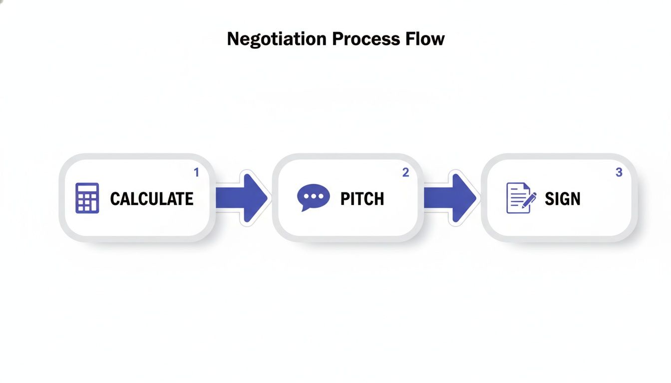 A negotiation process flow diagram showing three sequential steps: Calculate, Pitch, and Sign.