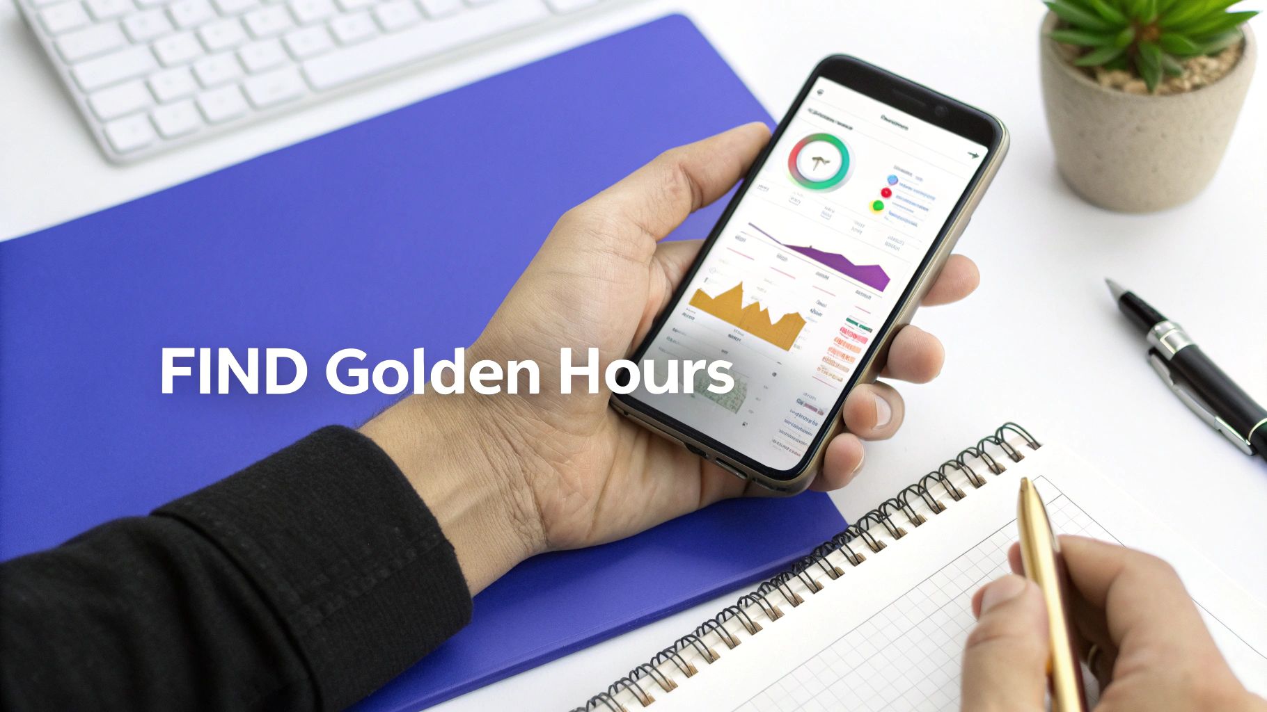 Hands analyzing data on a smartphone showing graphs, with a pen and notebook on a white desk.