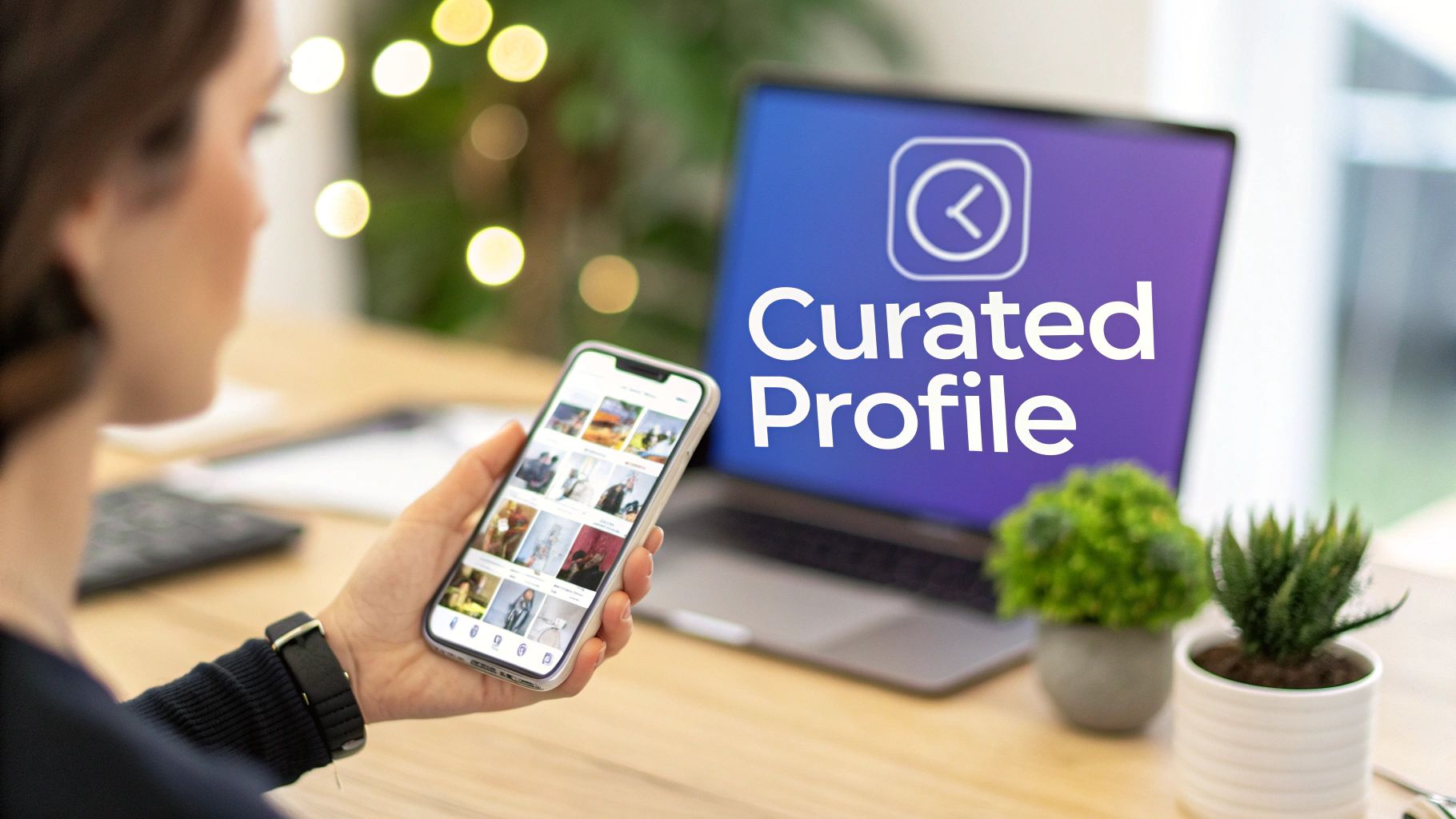 A person views a curated social media profile on a smartphone with a laptop in the background.