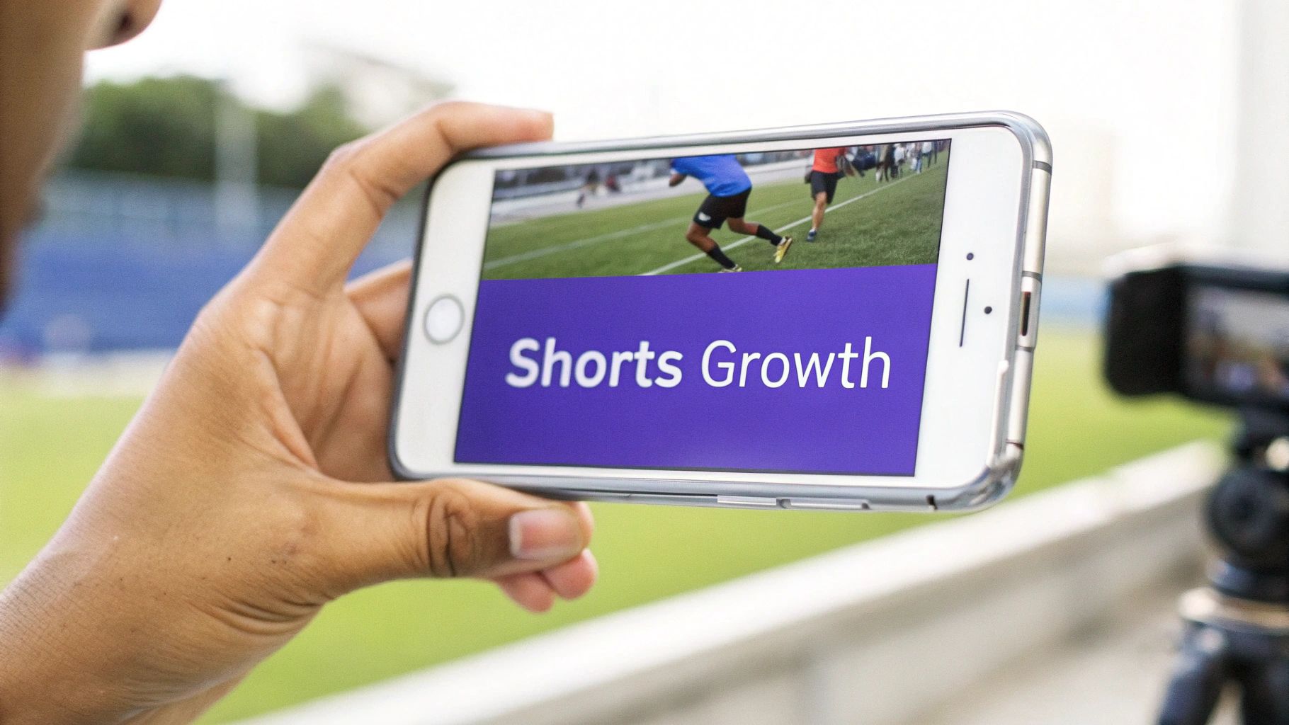 Person holds a smartphone displaying 'Shorts Growth' text and a blurred sports video.