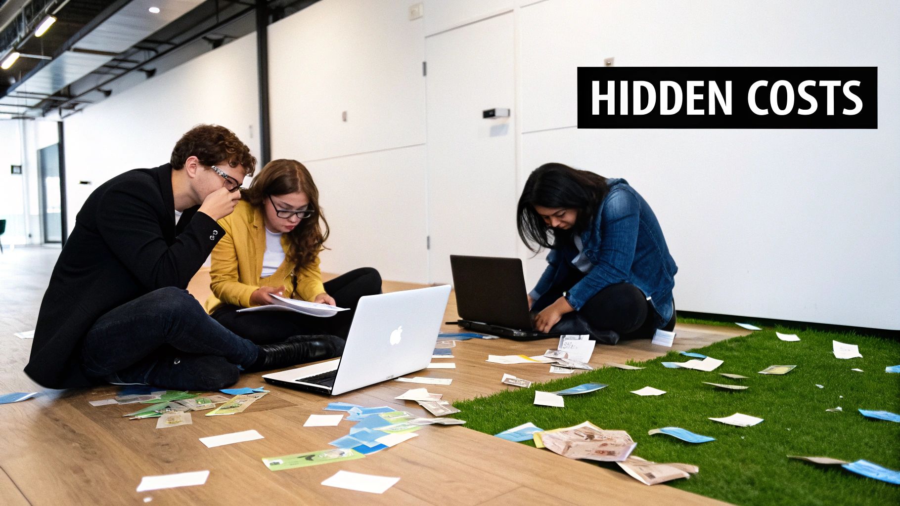 A person at a desk looking stressed while working on a laptop, surrounded by scattered papers and sticky notes.