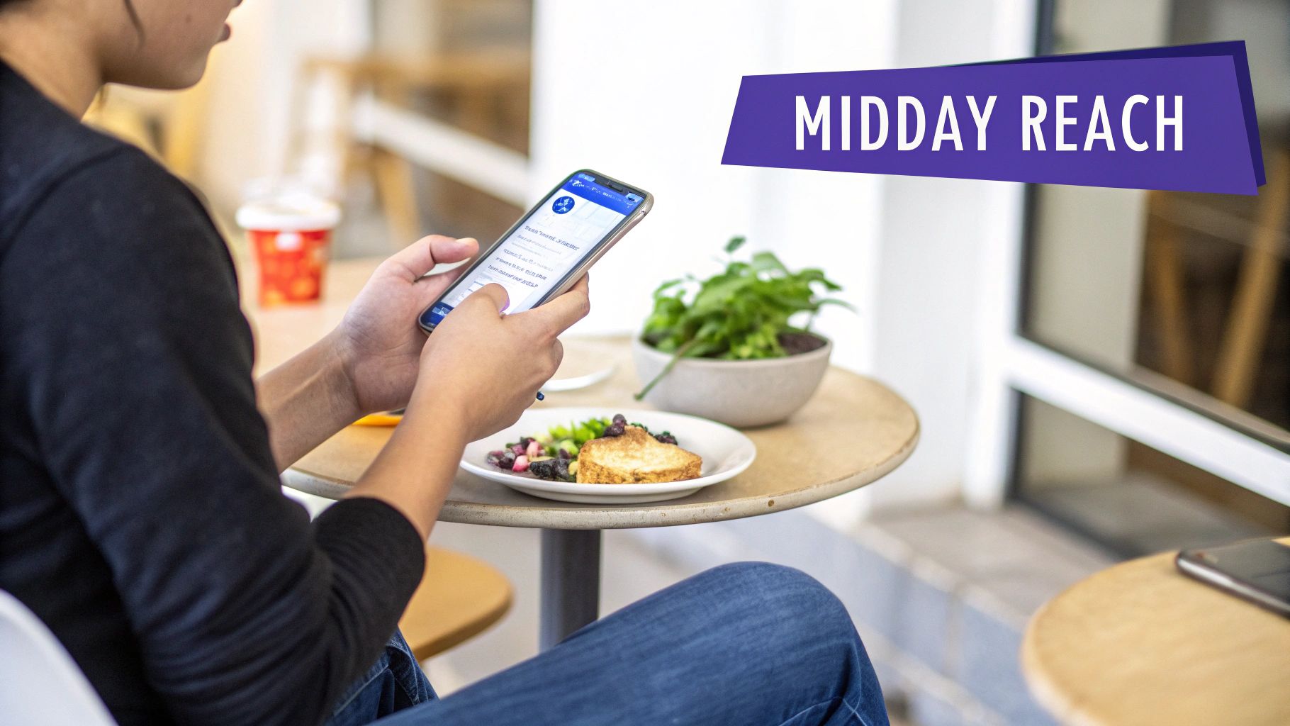 A person scrolling on a smartphone during a midday meal at a cafe with food and a plant.