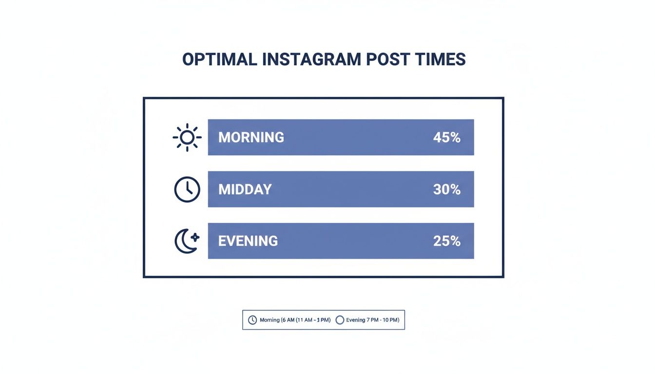 Chart illustrating optimal Instagram post times with percentages for Morning, Midday, and Evening.