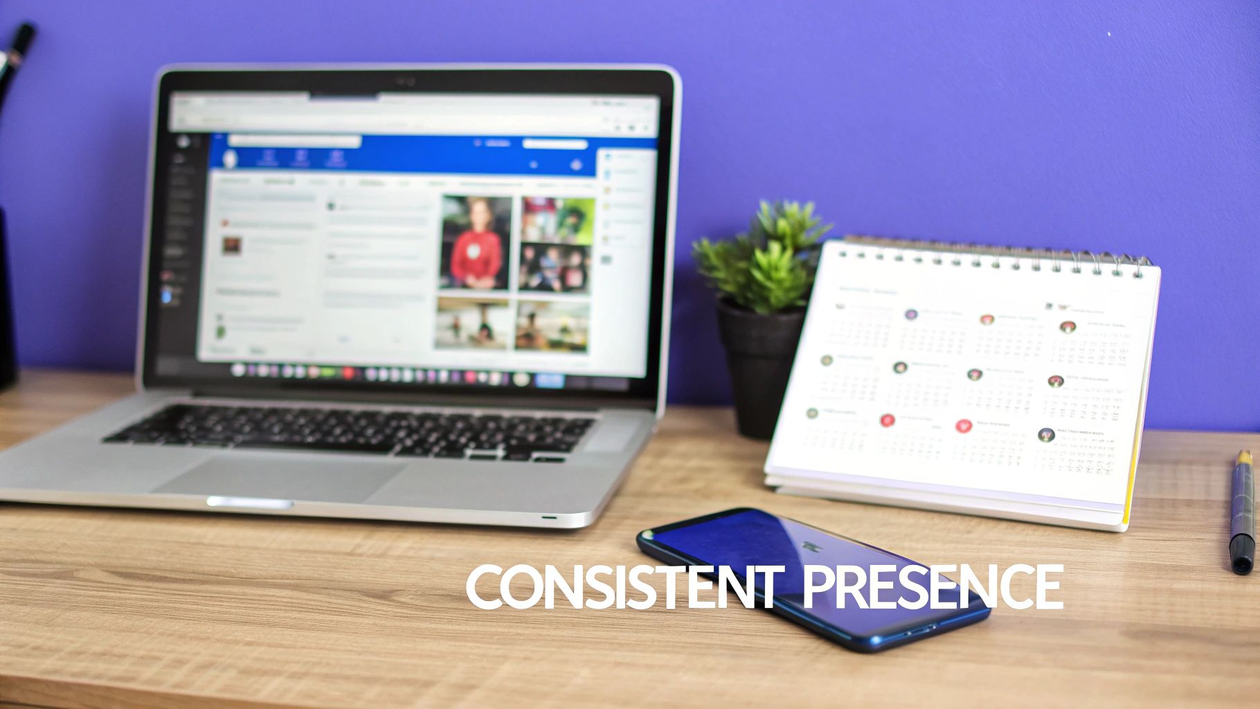 Laptop displaying a social media feed, smartphone, calendar, and plant on a wooden desk, symbolizing consistent online presence.