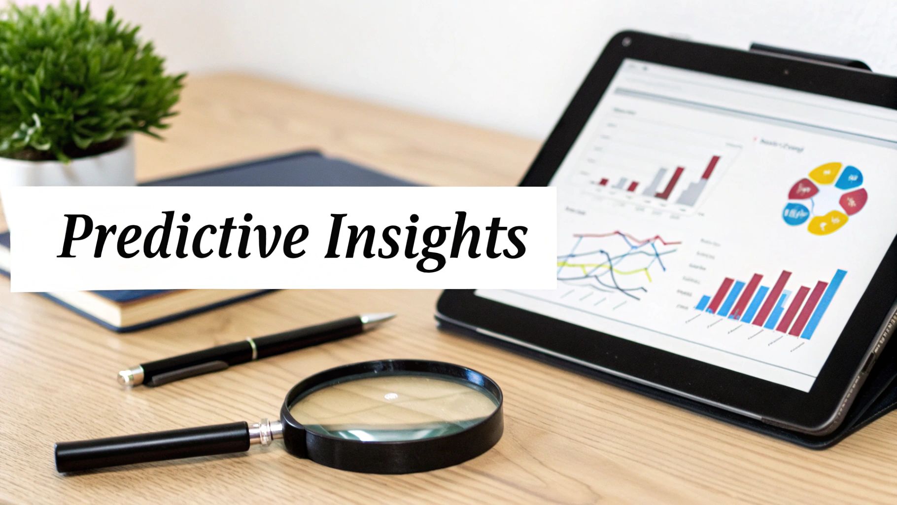 Predictive insights dashboard displaying colorful charts and graphs on tablet with magnifying glass and pen
