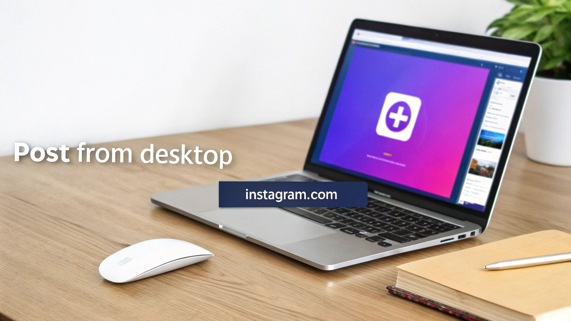 A laptop on a wooden desk displaying Instagram's 'create post' screen, highlighting 'Post from desktop' and 'instagram.com'.