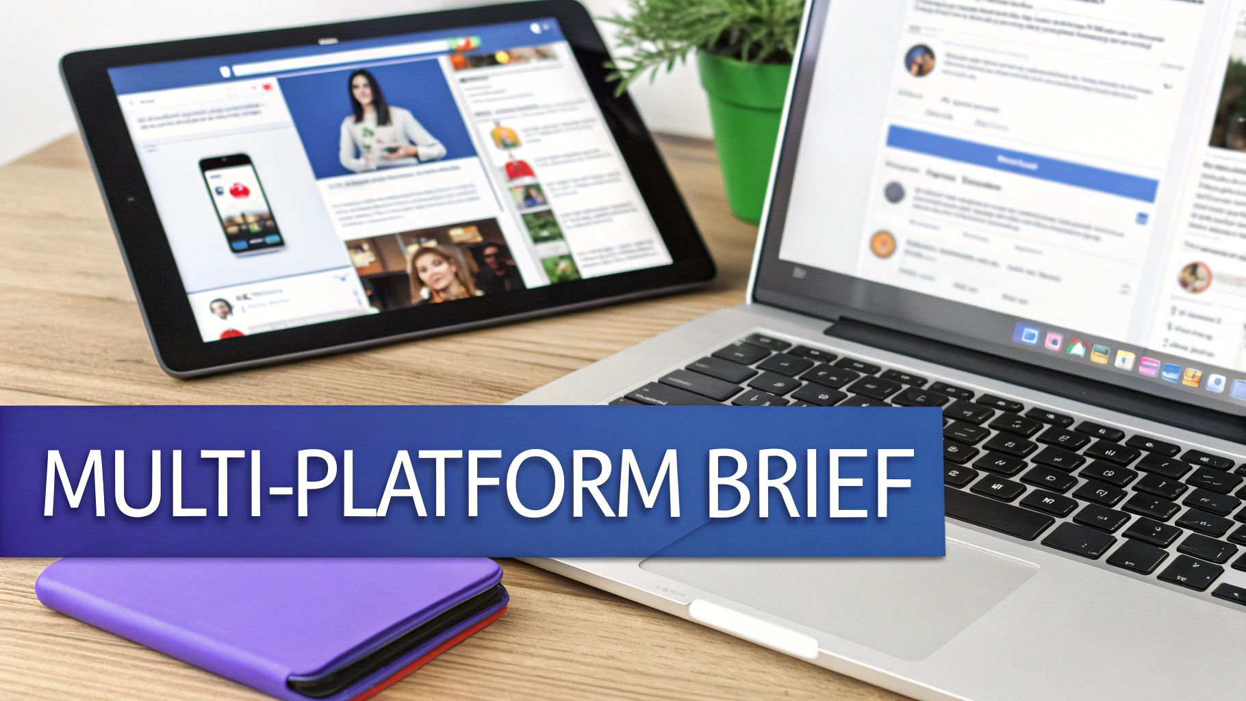 A tablet and laptop display social media feeds, with a 'Multi-Platform Brief' banner across them.