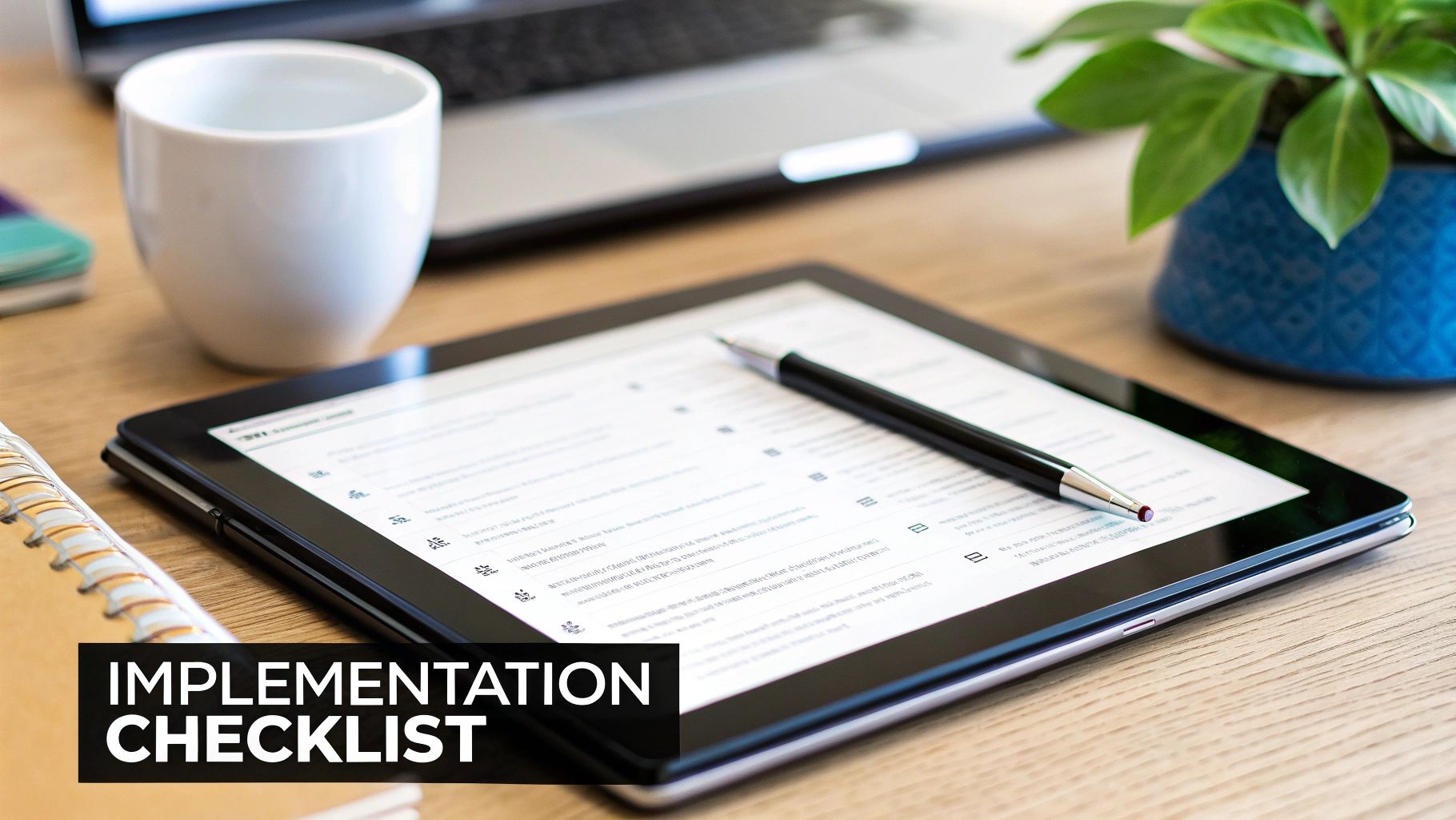 Digital tablet displaying an implementation checklist with a pen, coffee, and plant on a wooden desk.