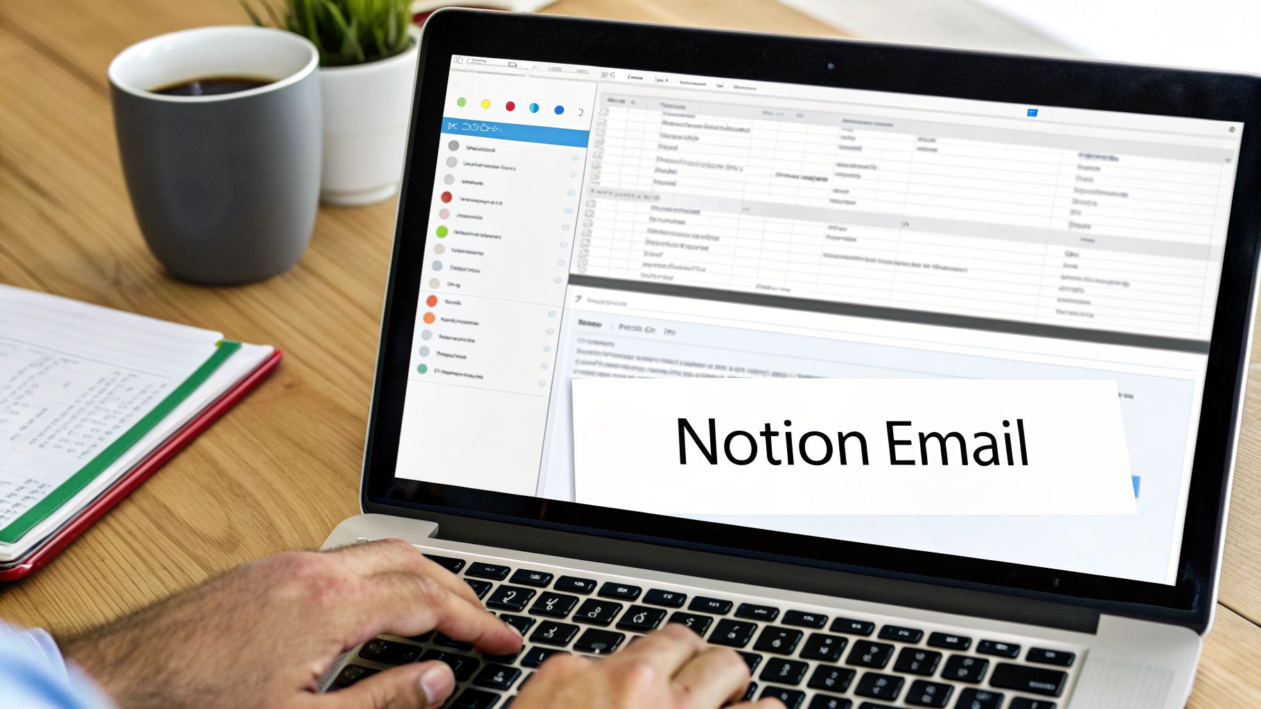 Person typing on a laptop displaying 'Notion Email' and an email interface on a wooden desk.