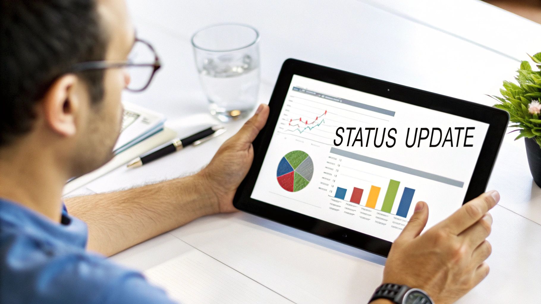 Person viewing a tablet displaying 'STATUS UPDATE' with business charts and graphs, indicating project analysis.