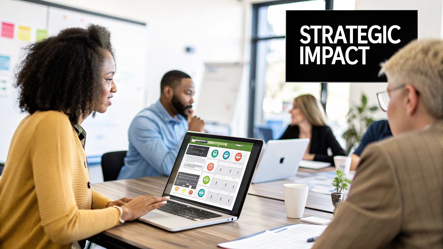 A business leader looking at a dashboard with graphs and charts, showing the strategic benefits of BPM.