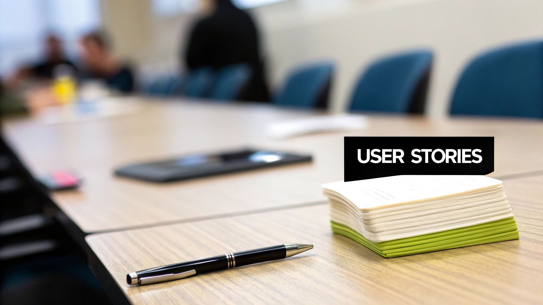 A pen and a stack of 'USER STORIES' notes on a meeting table with blurred background.