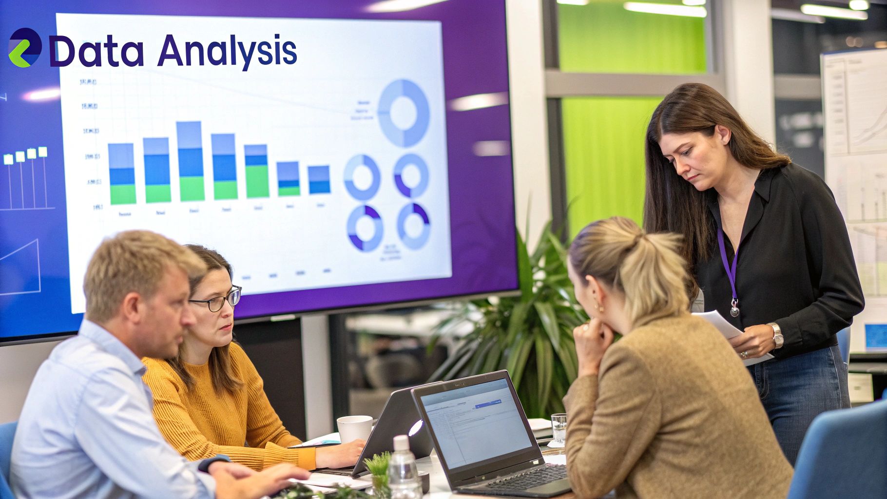 People collaborating around a table with charts and data visualizations