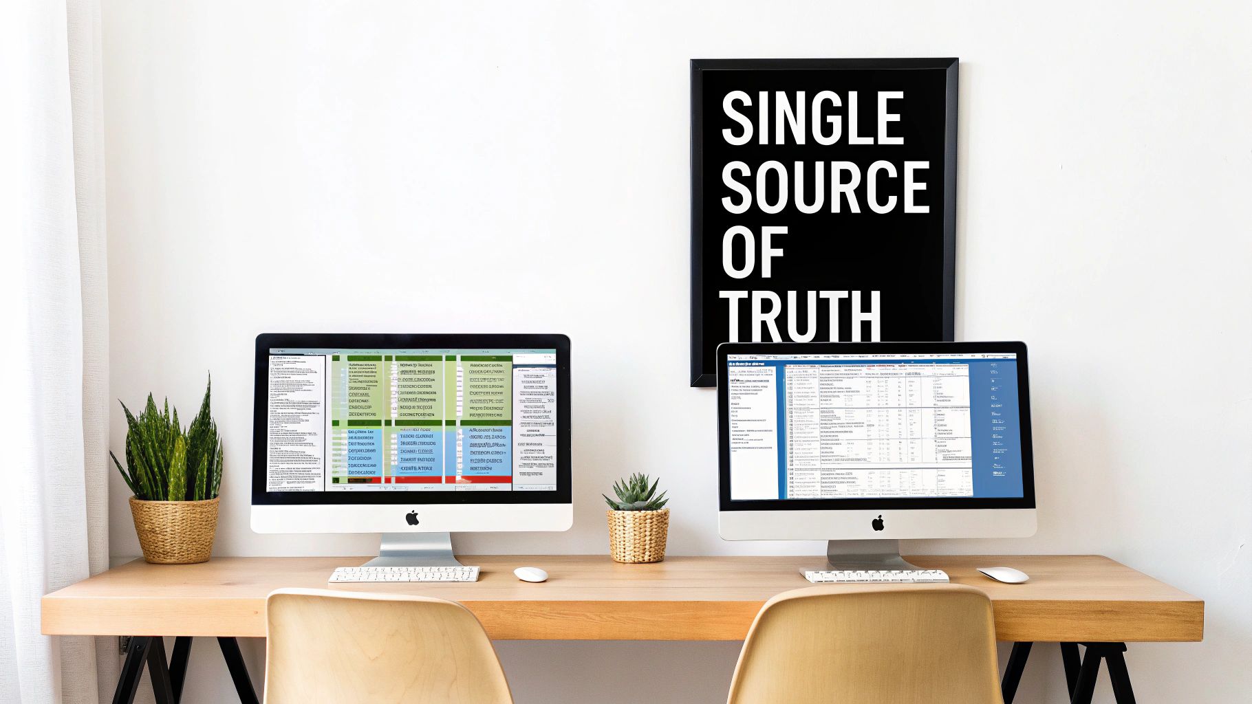 Modern minimalist workspace with two Apple iMacs displaying data, two plants, and a 'Single Source of Truth' poster.