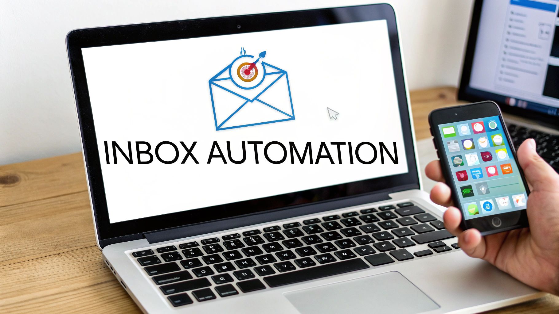 A person's hand holding a smartphone next to a laptop displaying 'INBOX AUTOMATION' and an email icon.