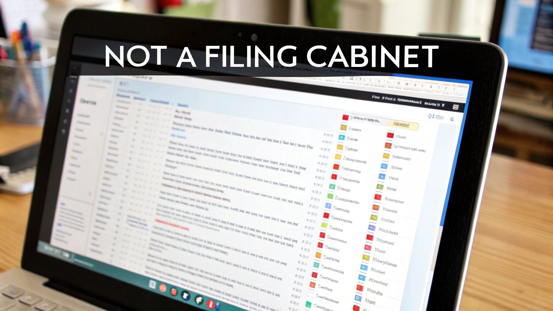 An organized digital workspace with emails neatly filed into categories, illustrating the concept of treating an inbox like a strategic tool instead of a messy filing cabinet.