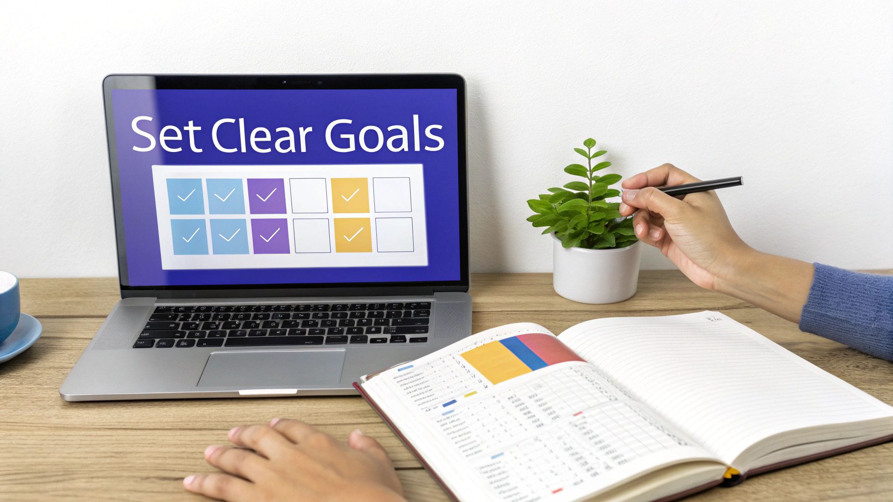 A person is at a desk with a laptop displaying 'Set Clear Goals', a plant, and an open notebook.